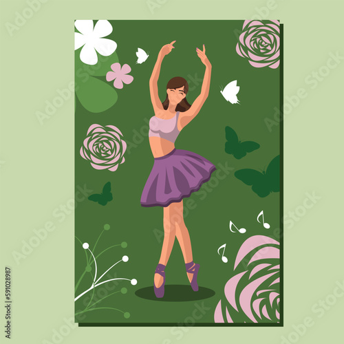 Caucasian white faceless ballet dancer in a purple tutu and pointe shoes dancing on a green poster with flowers and butterflies. Vector illustration in flat style