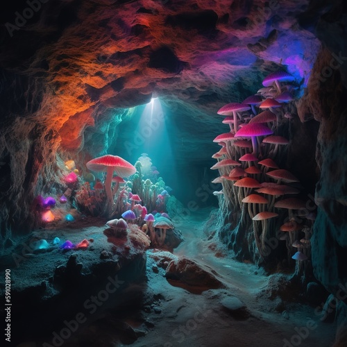 Colorful cave full of mushrooms and gentle light, Generative AI