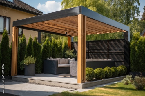 modern pergola with sleek, clean lines and minimalistic design, created with generative ai