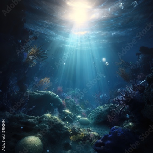 Sea creatures living in deep ocean's blue water, Generative AI © Reinkhart