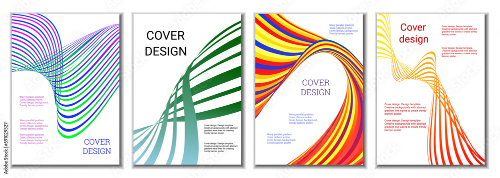 A set of 4 abstract covers. Wavy parallel gradient lines, ribbons evolve. Cover design, background. Trendy banner, poster. A set of 4 abstract covers. Wavy parallel gradient lines, ribbons evolve. Cover design, background. Trendy banner, poster.