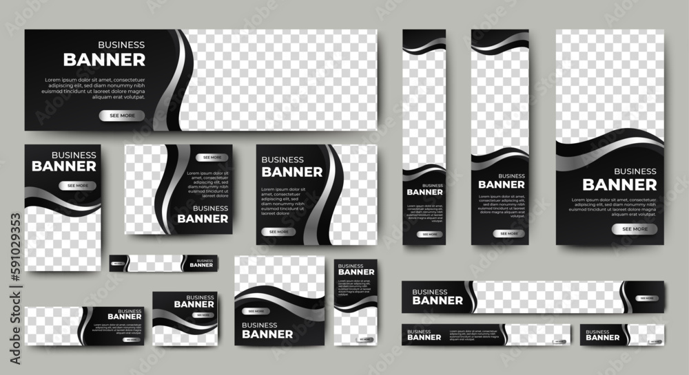 Silver and Black Web banners templates, standard sizes with space for photo, modern design

