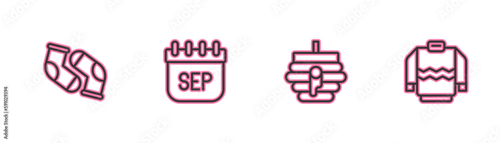 Set line Socks, Hive for bees, September calendar autumn and Sweater icon. Vector Set line Socks, Hive for bees, September calendar autumn and Sweater icon. Vector