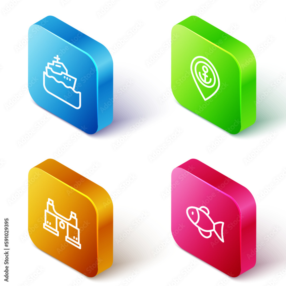 Set Isometric line Cruise ship, Location with anchor, Binoculars and Fish icon. Vector Set Isometric line Cruise ship, Location with anchor, Binoculars and Fish icon. Vector