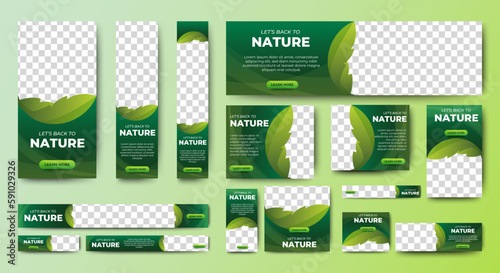 Nature banner design web template Set, Horizontal header web banner. Modern Gradient green cover header background for website design, Social Media Cover ads banner, flyer, invitation card