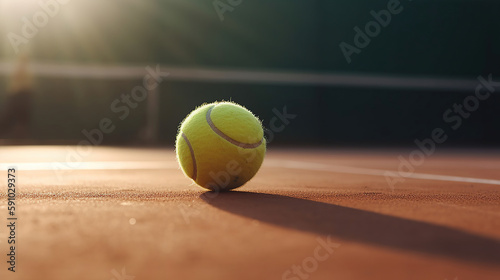 Close up tennis ball on court background with copy space. Generative AI technology © Malika