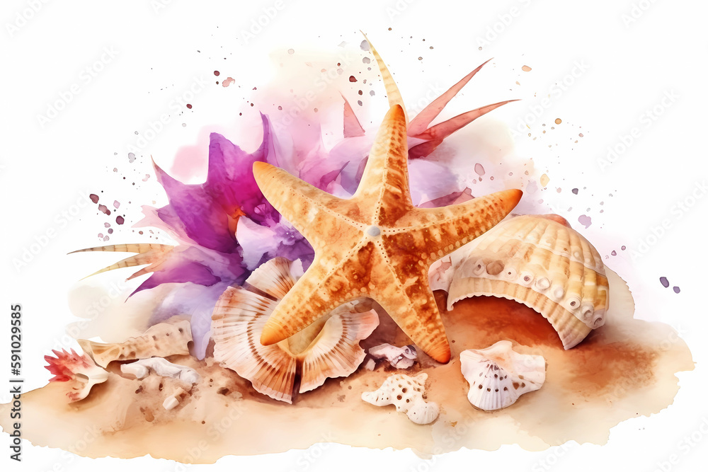 Starfish and shells on the beach. Watercolor. AI generation