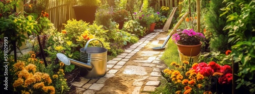 Bright and Colorful Garden Path Filled with Tools and Flowers, Sun-kissed garden path, A vibrant walkway surrounded by lush flowers and greenery, with a classic watering can.