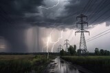 power line breakage in stormy weather, with lightning and thunder, created with generative ai