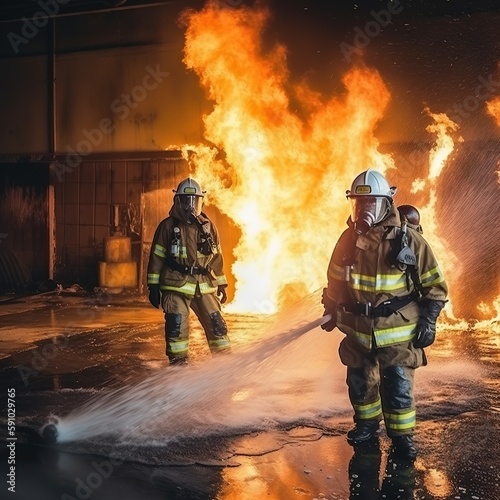 Firefighters Battle Raging Blaze with Water and Extinguisher in Emergency Situation, Generative AI