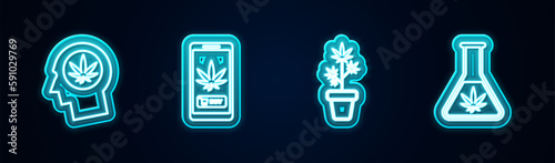 Set line Head in profile with marijuana, Online buying, Marijuana plant pot and Test tube. Glowing neon icon. Vector