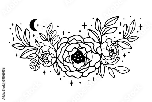 Line art floral bouquets vector. Black outline celestial flower with stars, moon decorative graphic element isolated on white. Hand drawn wildflower illustration. Summer garden roses, leaves