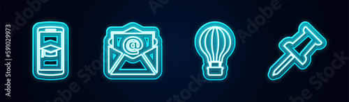 Set line Graduation cap on mobile  Mail and e-mail  Hot air balloon and Push pin. Glowing neon icon. Vector