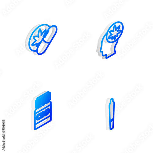 Set Isometric line Head with marijuana or cannabis, Herbal ecstasy tablets, Medical bottle and Marijuana joint icon. Vector