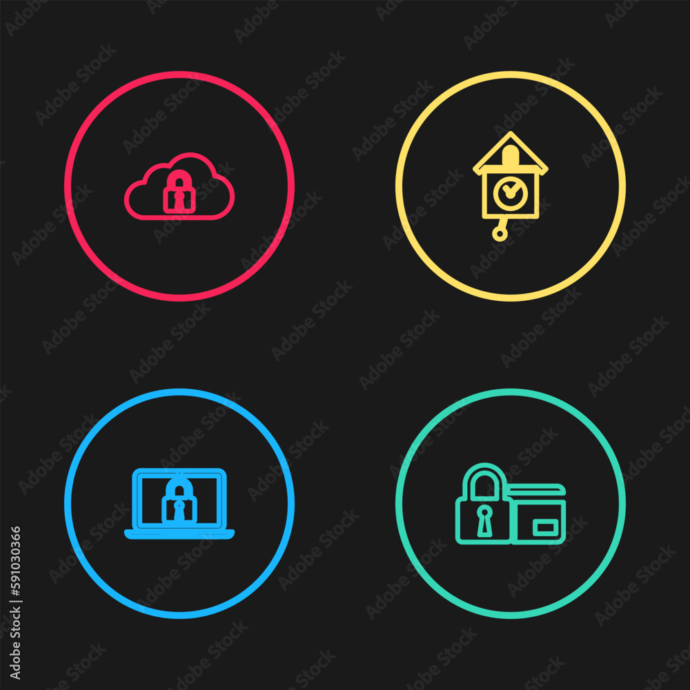 Set line Laptop and lock, Credit card with, Retro wall watch and Cloud computing icon. Vector Set line Laptop and lock, Credit card with, Retro wall watch and Cloud computing icon. Vector