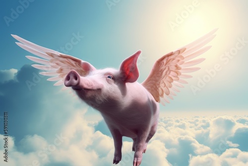 Pig with wings flying in sky. Generate Ai photo