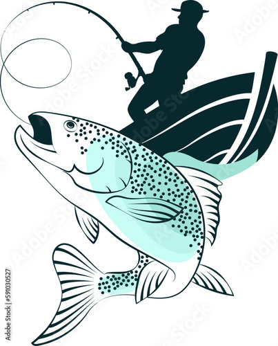 Fisherman in a boat with a rod. Catch big fish design