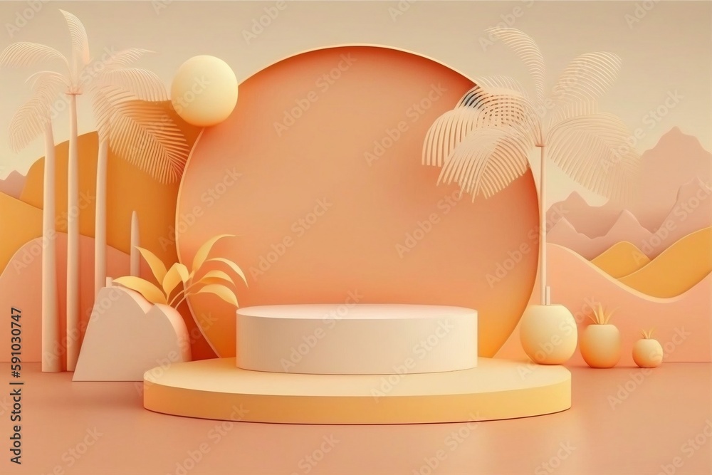 Orange Summer background abstract design. Minimal cosmetic product display stand 3d rendering illustration. Generative Ai. Orange Summer background abstract design. Minimal cosmetic product display stand 3d rendering illustration. Generative Ai.