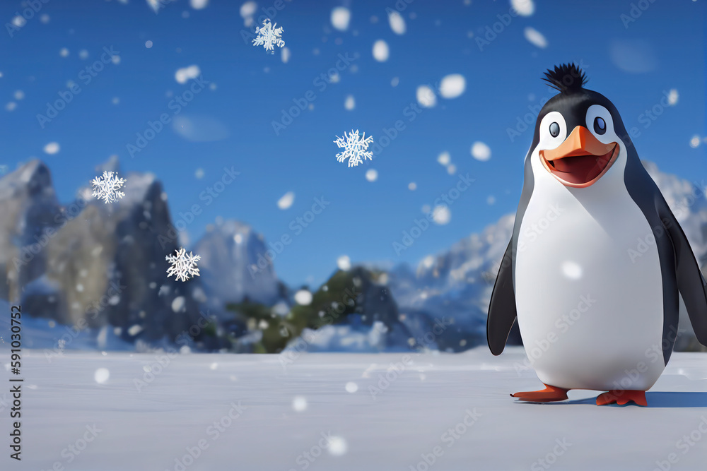 Obraz premium Cartoon style penguin walking with wings spread on the snow, generative ai