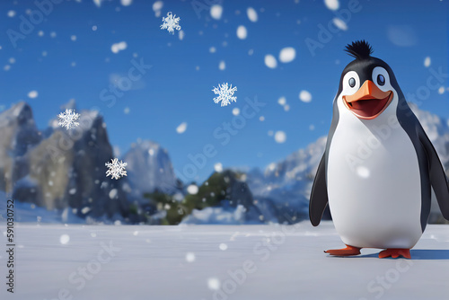 Cartoon style penguin walking with wings spread on the snow  generative ai
