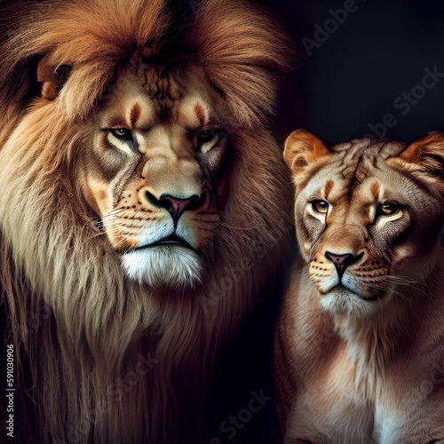 Male lion and female lioness  family portrait on dark background  generative AI