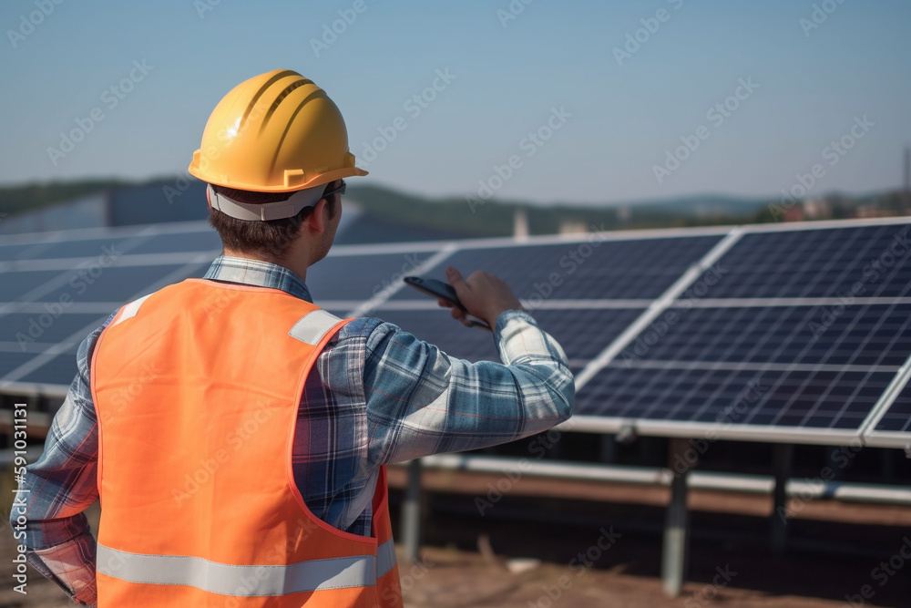 Technician discussing near solar panels. Generative AI Technician discussing near solar panels. Generative AI