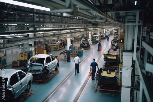 automotive factory, bustling with activity and workers manufacturing cars, created with generative ai