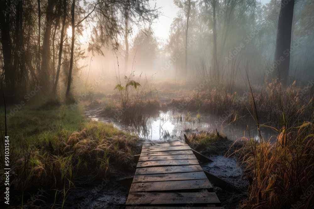 morning mist over duckboards path in forest, created with generative ai
