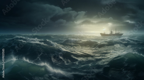 Ship in stormy sea. Generative Ai © andranik123
