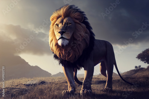 Lion with a big mane walking forward on dark background, generative AI © SvetlanaSF