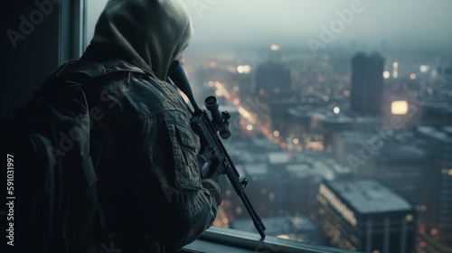 Killer holding a sniper in the high building. Generative Ai © andranik123