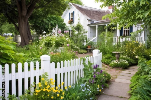 lush garden with white picket fence and wooden bench  created with generative ai