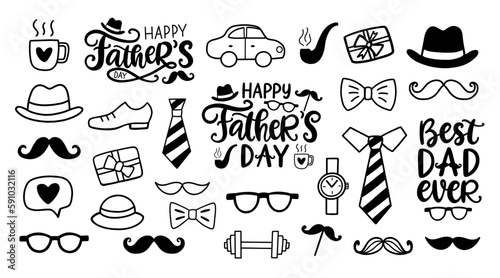 Happy Fathers Day Lettering, Elements Doodles Set.