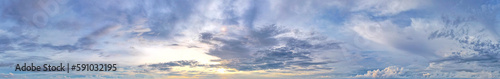 Panoramic view of blue sky cloud landscape with evening sun light, Sky background.