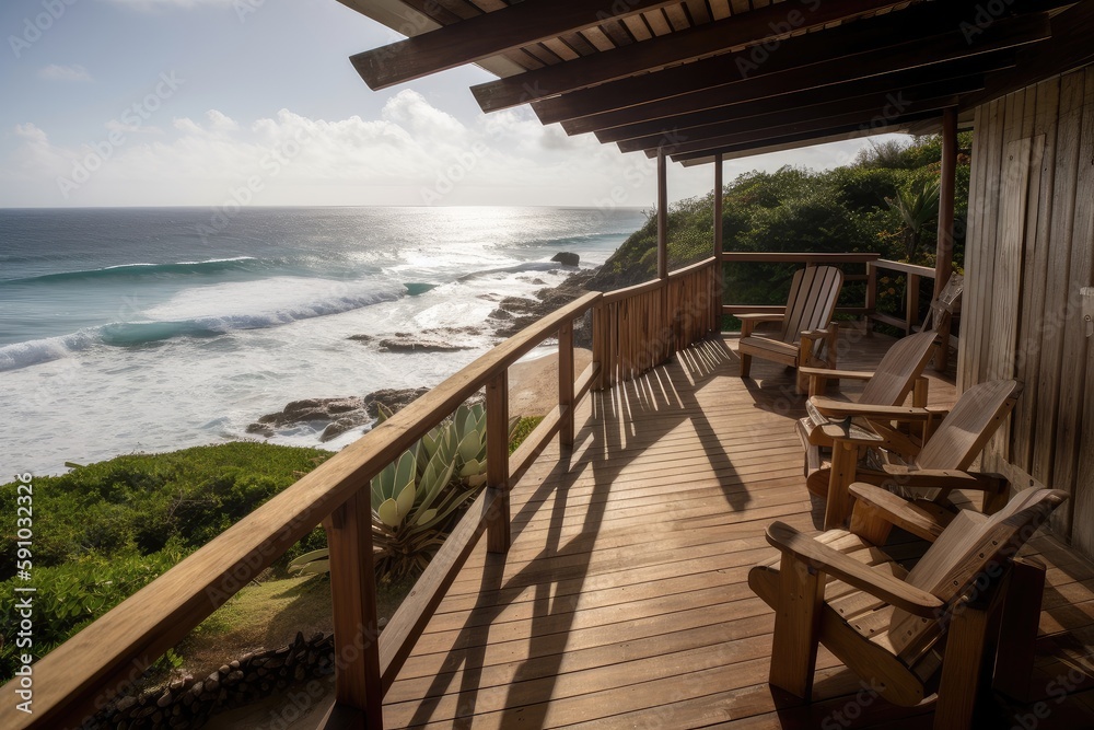 overlooking the ocean, with waves crashing on the beach, deck provides peaceful and serene setting, created with generative ai overlooking the ocean, with waves crashing on the beach, deck provides peaceful and serene setting, created with generative ai