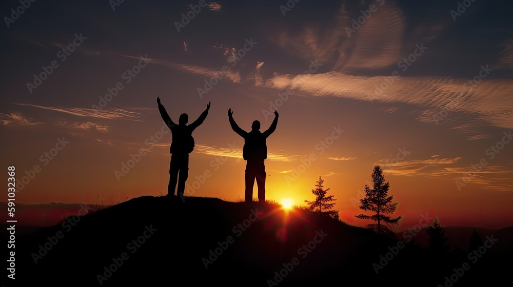 Silhouettes of two hikers with raised arms. Generative AI