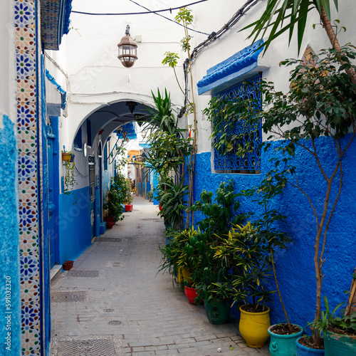 tourism in Morocco-Beautiful blue street in Tanger © M.studio