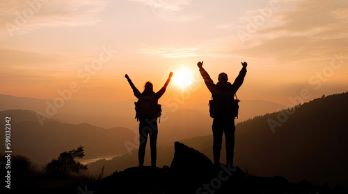 Silhouettes of two hikers with raised arms. Generative AI