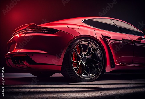 Premium red coupe sports car in studio light. Generative AI © Larry