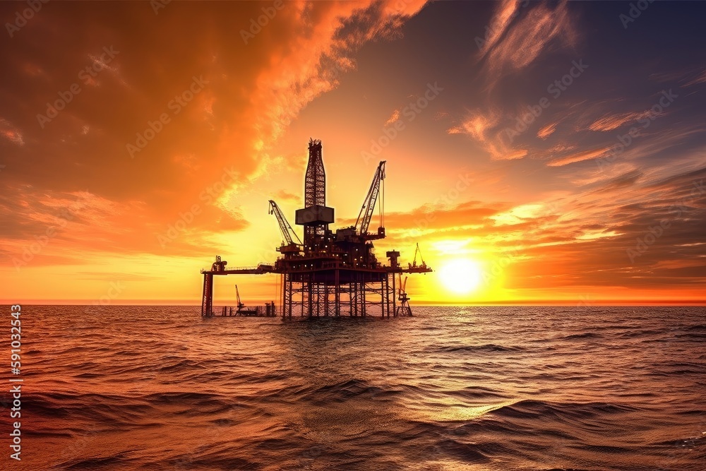 oil rig, with view of the sunset, in tropical paradise, created with generative ai oil rig, with view of the sunset, in tropical paradise, created with generative ai