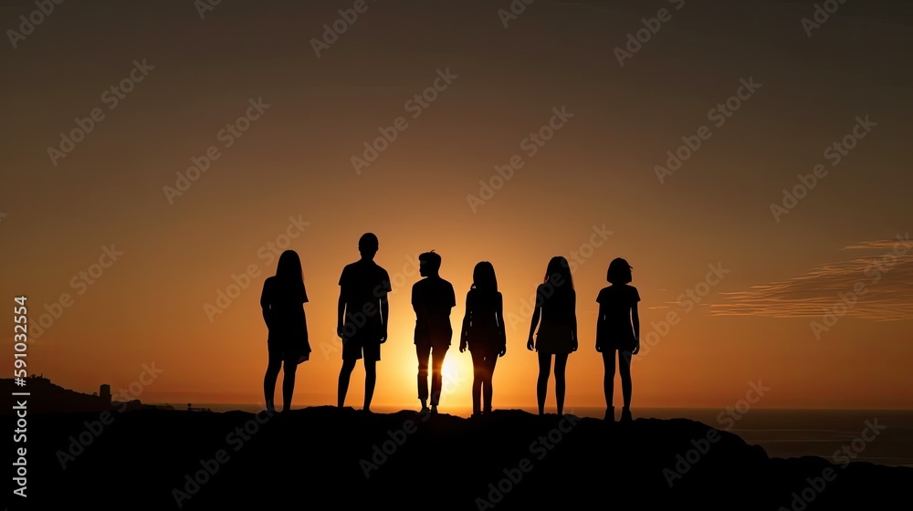 Silhouettes of friends together at sunset. Generative AI
