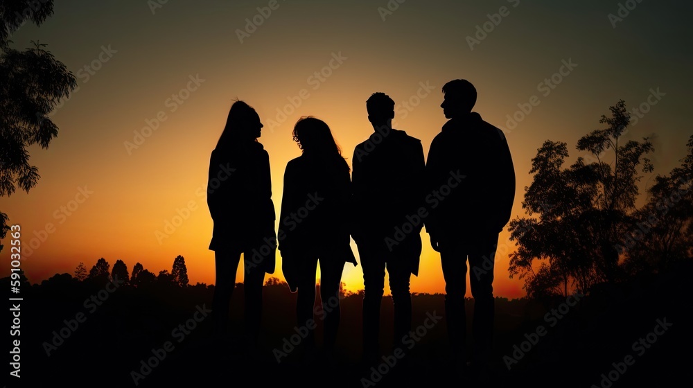 Silhouettes of friends together at sunset. Generative AI