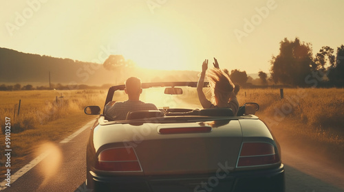 Couple in cabriolet on road, back view. Generative Ai