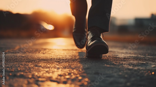 Businessman walking on the street at sunset, closeup of legs. Generative Ai