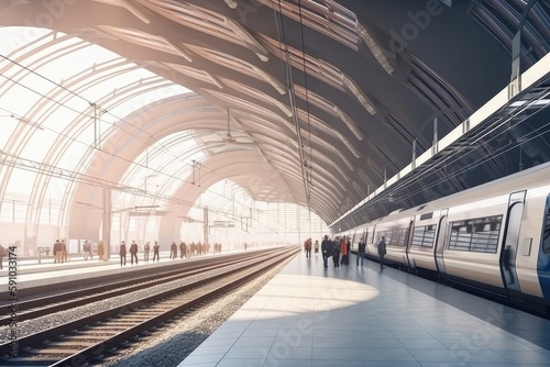 modern railway station with sleek and streamlined trains, passengers waiting for their ride, created with generative ai