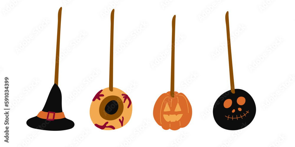 Halloween sweet lollipops, round hard sugar candies on stick. Vector cartoon set of caramel suckers with swirly patterns, bonbon on stick with pattern of stripes, eyeball and drips
