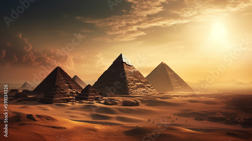 Egyptian pyramids in the desert. Generative Ai