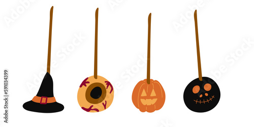 Halloween sweet lollipops, round hard sugar candies on stick. Vector cartoon set of caramel suckers with swirly patterns, bonbon on stick with pattern of stripes, eyeball and drips