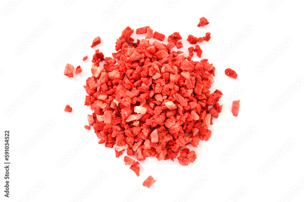 Strawberries on white background. Strawberries texture. dehydrated, dried Strawberry pieces, coarse cuts, chips. Heap of freeze dried strawberries. sweet fruit background. Red background stock image. Strawberries on white background. Strawberries texture. dehydrated, dried Strawberry pieces, coarse cuts, chips. Heap of freeze dried strawberries. sweet fruit background. Red background stock image.