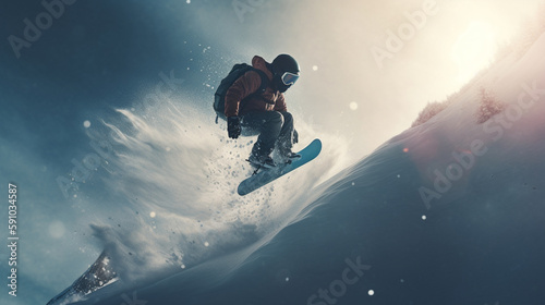 Snowboarder jumping on snowy mountains. Generative Ai
